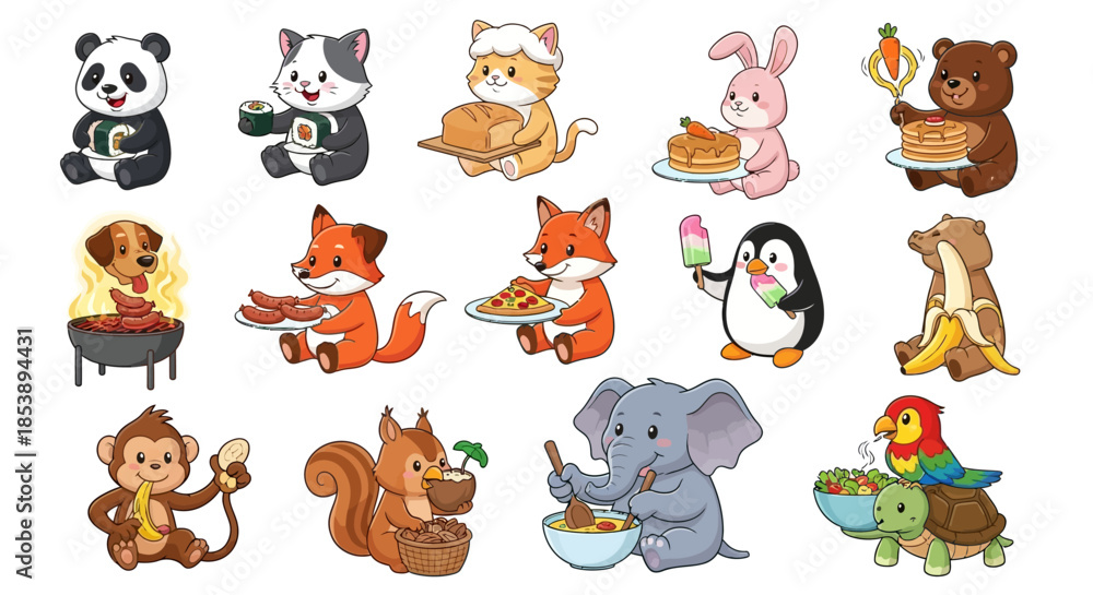 Obraz premium Adorable Cartoon Animals Enjoying Various Foods: Panda with Sushi, Cat with Sushi, Cat with Bread, Bunny with Pancakes, Bear with Pancakes, Dog with Sausages, F