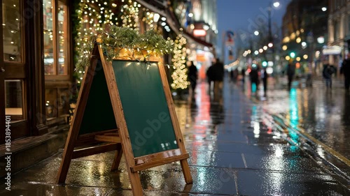 Rainy night market with festive lights