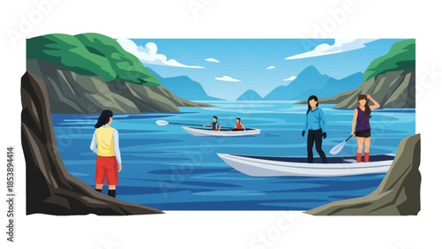 People enjoying water activities in serene mountain lake