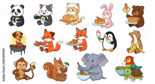 Adorable Cartoon Animals Enjoying Various Foods: Panda with Sushi, Cat with Sushi, Cat with Bread, Bunny with Pancakes, Bear with Pancakes, Dog with Sausages, F