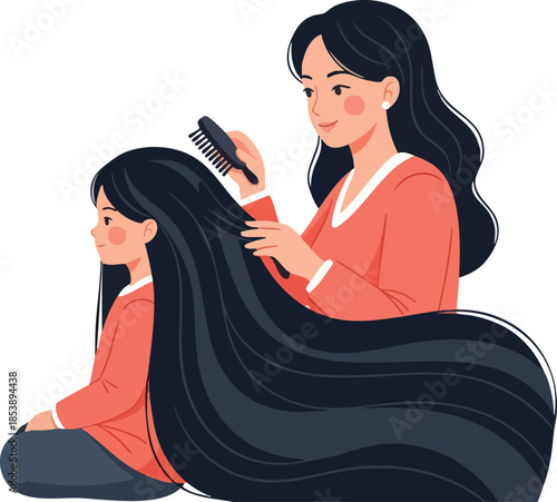 Woman gently brushing young girl's long black hair sitting on floor