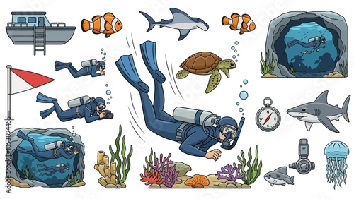 Scuba divers exploring vibrant coral reef with marine life