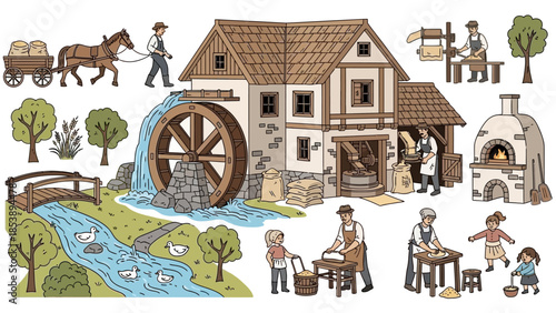 Traditional rural village scene with watermill and bakery