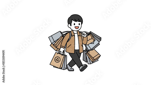 Happy man walking with multiple shopping bags