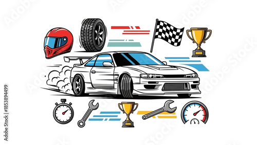 Racing car speeding with checkered flag and trophy symbols around