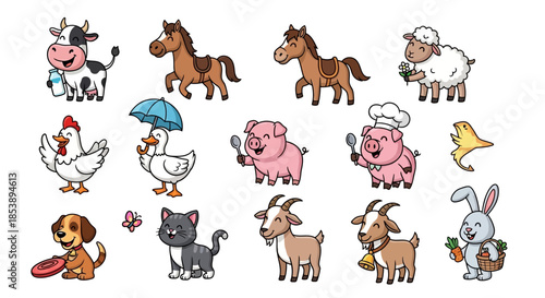 Adorable Cartoon Farm Animals Collection with Unique Poses