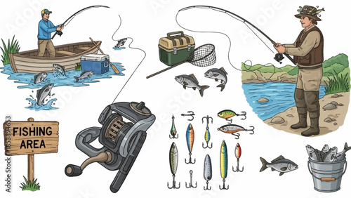 Vibrant fishing scene with men fishing from boat and shore