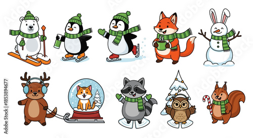 Adorable Cartoon Winter Animals: Skiing Polar Bear, Ice-Skating Penguins, Cozy Fox, Snowman, Reindeer, Snow Globe Cat, Raccoon, Owl, and Squirrel