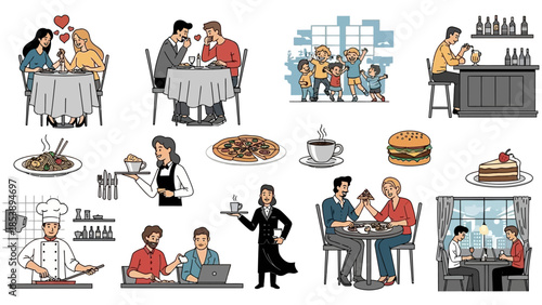 Vibrant restaurant and food service illustrations for commercial use