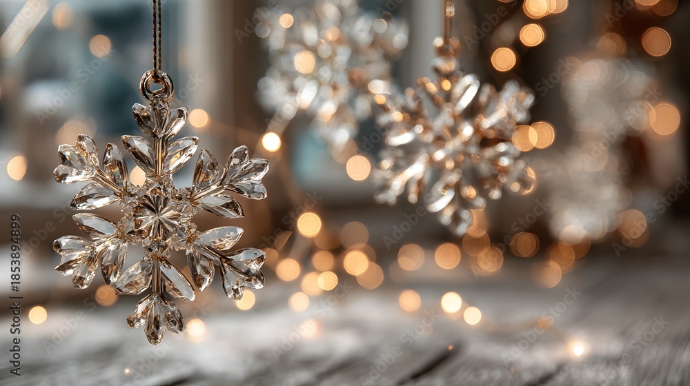 Fototapeta premium Exquisite crystal snowflake ornaments hang from invisible threads against a warm golden bokeh background filled with twinkling fairy lights.
