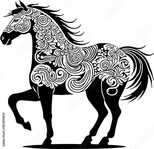 Chinese Ornament Horse Black and White Vector