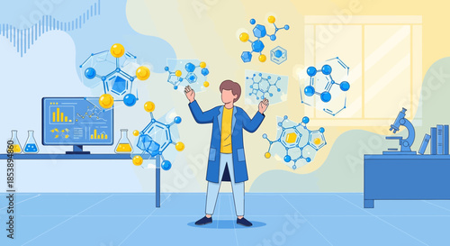 Futuristic scientist working with holographic molecular structures in laboratory setting