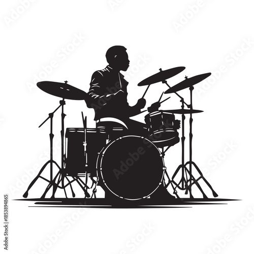set of black drummer musician drumming drums vector silhouettes isolated on white background
