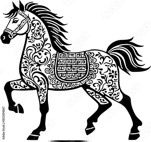 Chinese Ornament Horse Black and White Vector