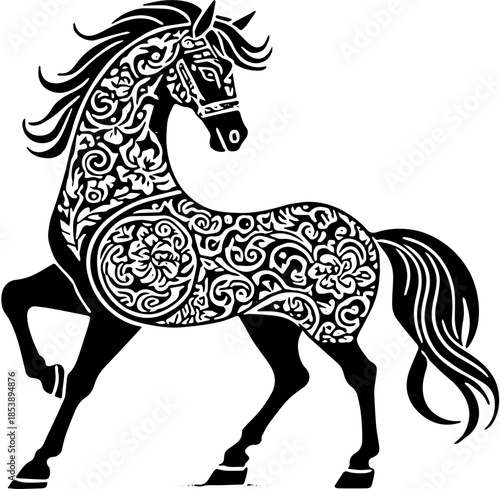 Chinese Ornament Horse Black and White Vector