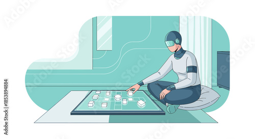 Futuristic strategist immersed in a digital game, exploring immersive realities in modern interface