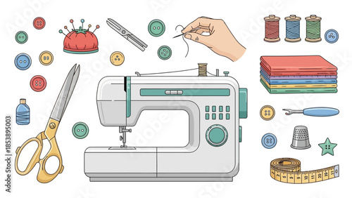 Sewing machine with colorful threads and sewing accessories