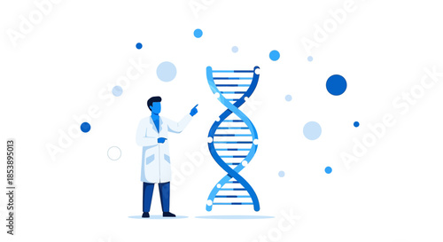 Genetic research illustration featuring scientist and dna structure in the laboratory analysis