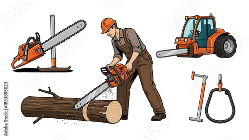 Man cutting wood with chainsaw for lumber and logging operations