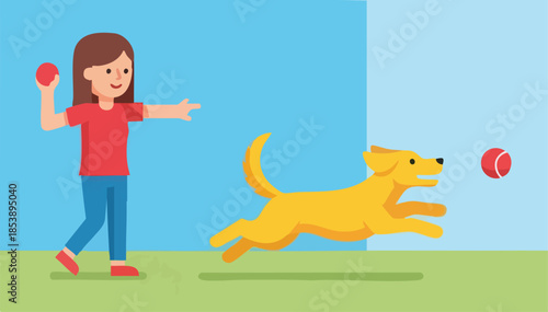 A girl playfully throws a ball to her jumping dog in a green field outdoors.