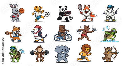 Cartoon Animals Playing Sports: Rabbit, Dog, Panda, Fox, Penguin, Bear, etc.