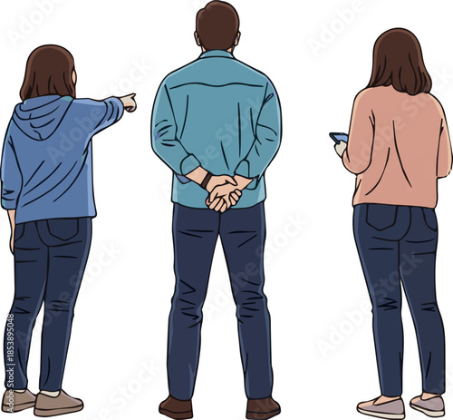  Create a Three people standing and looking at something seen from back angle, vector art with white background..