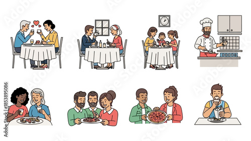 People enjoying meals together in various settings and activities