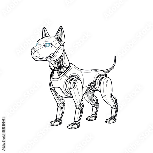 Detailed Line Art of a Robotic Dog with Glowing Eyes.