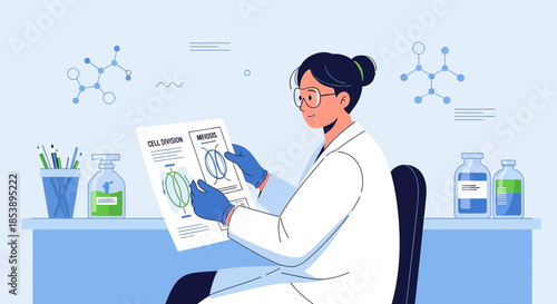 Illustration depicting a female scientist reviewing cell division diagrams in a laboratory setting
