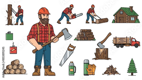 Lumberjack with tools and equipment for woodworking and forestry