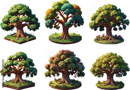 Stylized fantasy trees set for game environment, cartoon nature assets