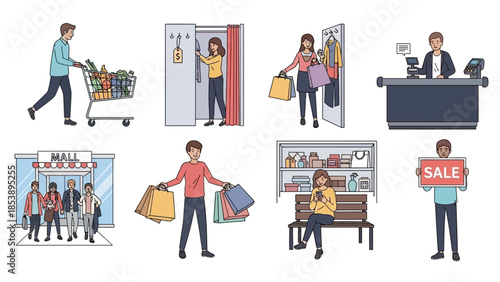People shopping and buying at mall with various activities