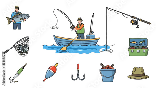 Fishing essentials and people enjoying recreational fishing activities