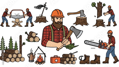 Lumberjack cartoon illustrations with logging tools and equipment