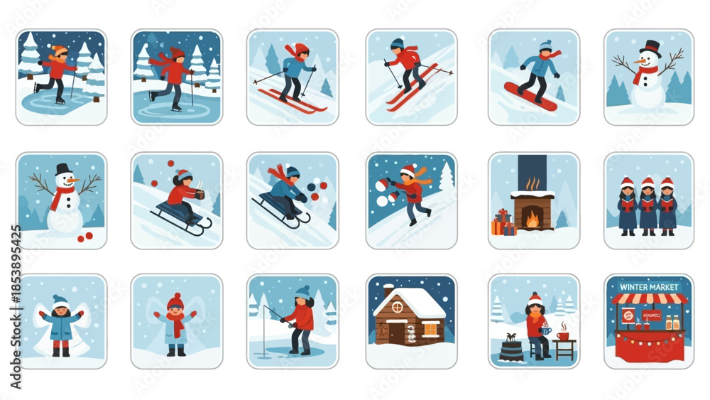Fototapeta premium Vibrant winter icons set for commercial use in design projects