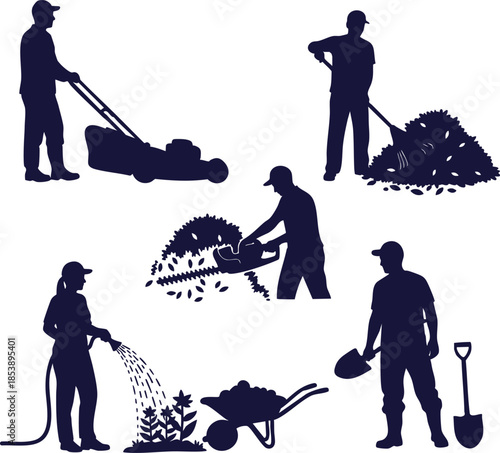 Collection of silhouettes featuring individuals performing essential gardening, landscaping, and lawn care tasks for effective outdoor home maintenance