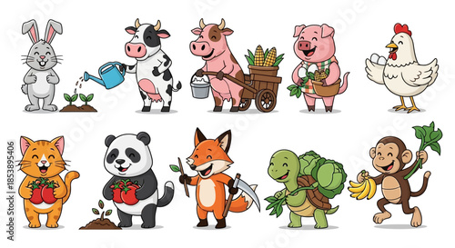 Cheerful Cartoon Animals Harvesting Farm Produce