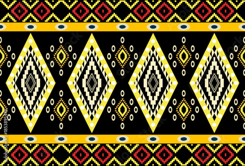 Geometric ethnic pattern textile border design for fabric printing, rugs, clothing, sarongs, scarves, wraps, embroidery, patterns, curtains, carpets, wallpaper, wrapping, Batik, Aztec.