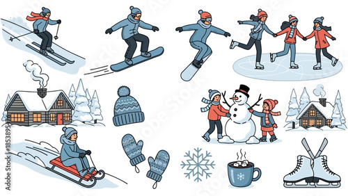People enjoying winter sports and activities in snowy landscape