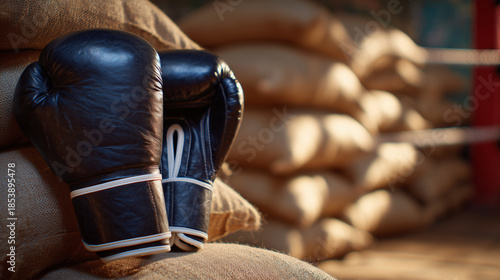Macro-style close-up of boxing gloves on worn punching bag, sandbags stacked nearby, soft light and shadows, realistic combat sports gym environment