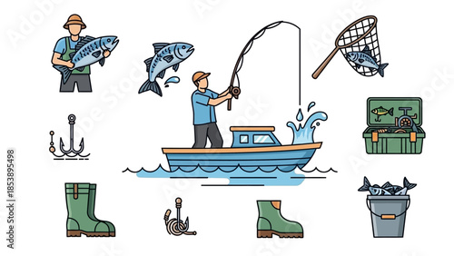 Man fishing on boat with tackle and gear for a day on the water