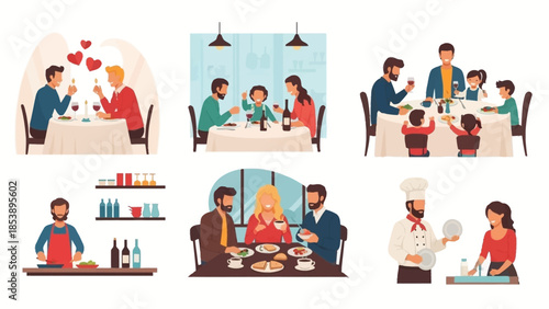 People enjoying meals together in various restaurant settings