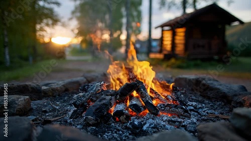 Campfire burning in forest cabin background