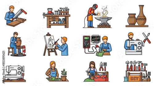 Various people engaging in DIY activities and hobbies at home