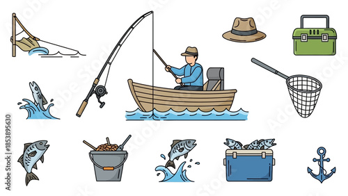 Man fishing from boat with various gear and caught fish