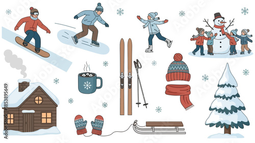 Cozy winter scene with people snowboarding and ice skating