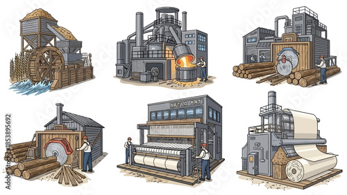 Industrial production process illustrations set