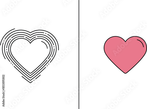 Modern heart line art and pink heart vector icons for healthcare wellness charity branding romantic greetings and digital interface graphic elements.