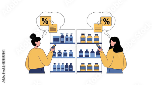 Two shoppers comparing prices and products on their phones in a modern store aisle