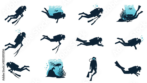 Collection of scuba divers in various underwater poses